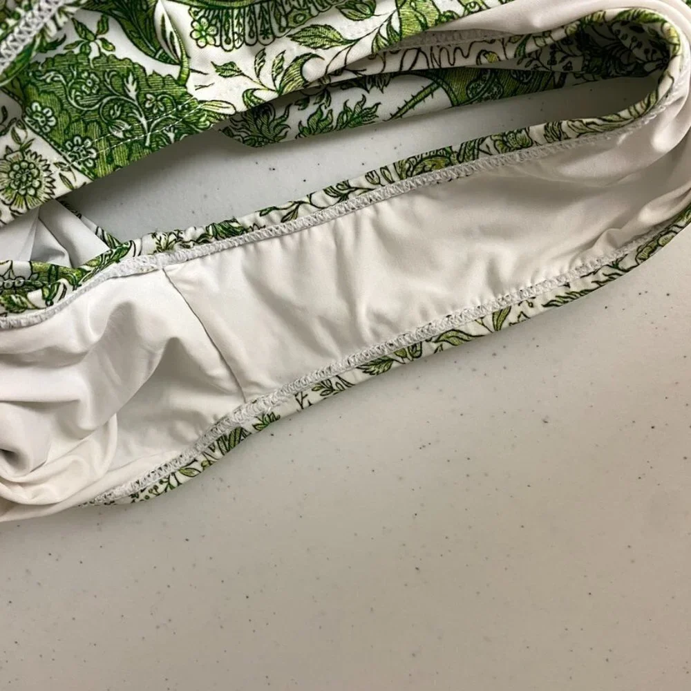 Berlook Retro Floral Drawstring‎ Ruched One-Piece Swimsuit Womens XS Green
